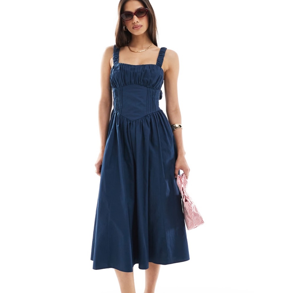 ASOS DESIGN lace up corset midi dress with full skirt in navy size 10